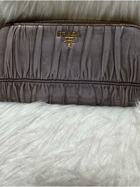 Prada Ruched Leather Clutch in Gray with Gold Logo